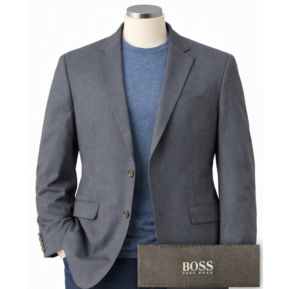Hugo Boss Super 100 Suit Jacket Sports Blazer Dark Pale Blue Crosshatch 42L